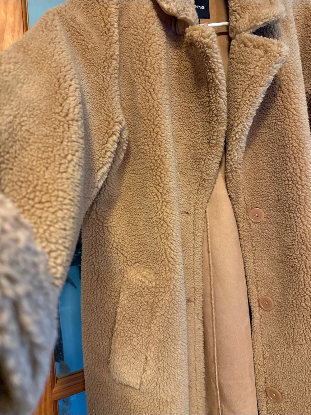 Express Tan Teddy Long Coat with Button Front - Picture 4 of 10